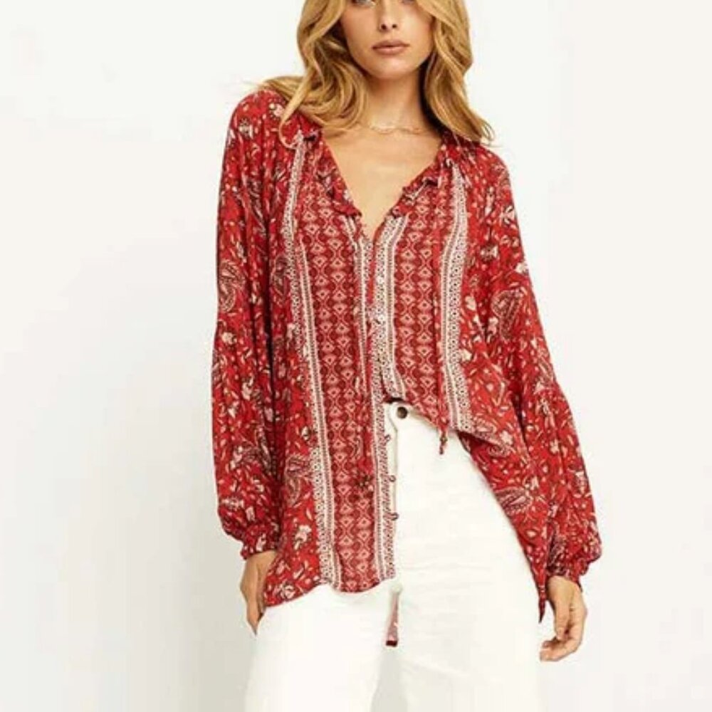 NWT Arnhem Angelis Blouse Frill Neck Long Sleeve Red Paisley AU8/US S